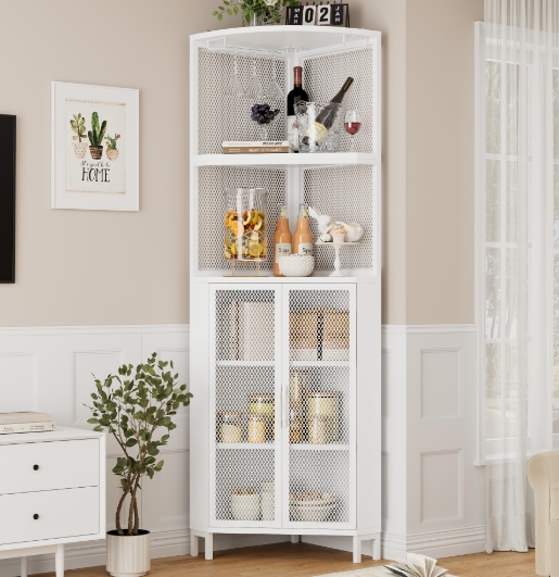 white tall corner cabinet