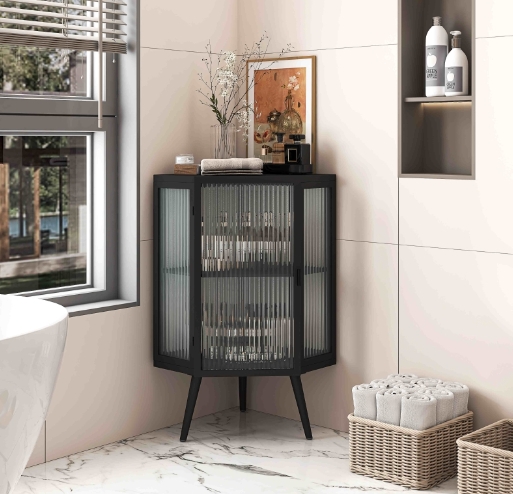 black corner cabinet with glass doors