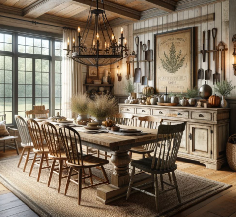 Distressed Wood Furniture in Warm Farm Interiors