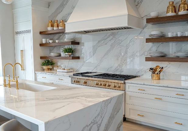 Modern farmhouse kitchen open shelves layout ideas
