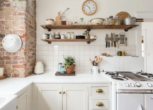 Farmhouse kitchen open shelving for small spaces