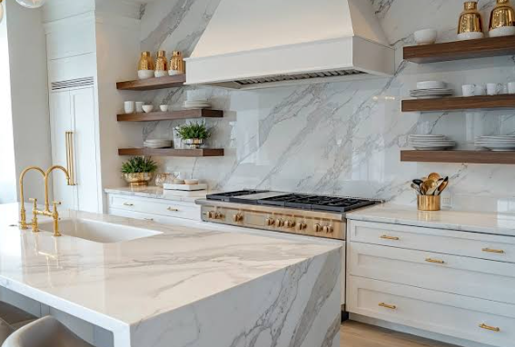 Minimalist farmhouse kitchen open shelving design