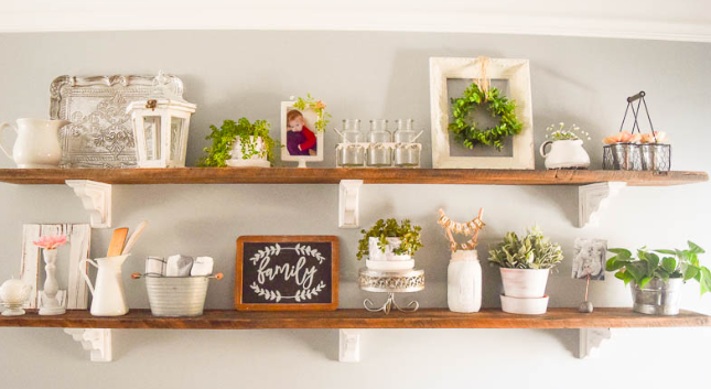 Farmhouse kitchen open shelving with layered decor styling