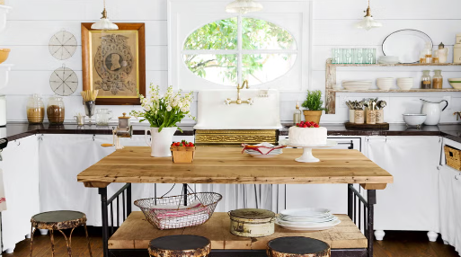 Farmhouse kitchen open shelving with farmhouse lighting fixtures