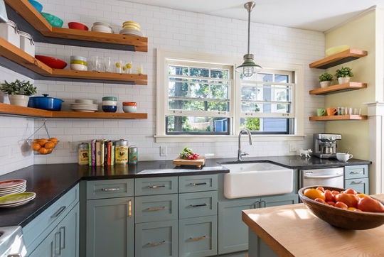 Farmhouse kitchen open shelving for open concept homes