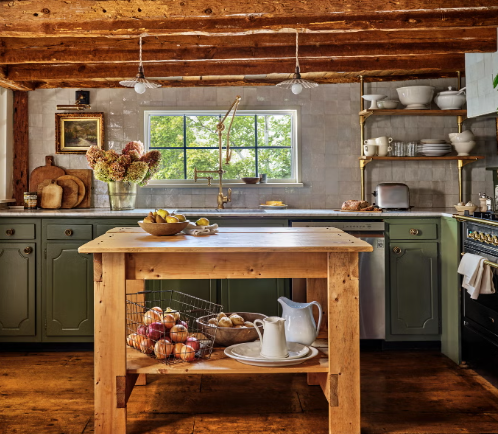 Farmhouse kitchen open shelving with rustic wood beams