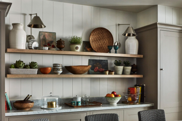 Farmhouse kitchen open shelving for easy access storage