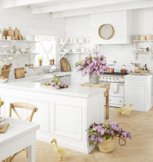 Farmhouse kitchen open shelving with natural wood tones