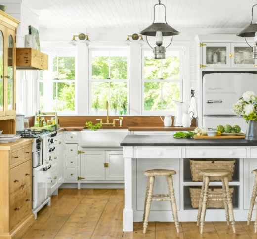 Farmhouse kitchen open shelving with neutral palette decor
