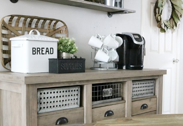 Farmhouse kitchen open shelving for coffee station setup