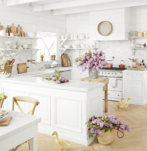 Farmhouse kitchen open shelving with farmhouse island styling