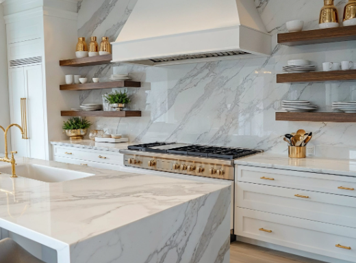Farmhouse kitchen open shelving with farmhouse texture mix