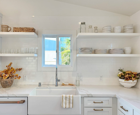 Farmhouse kitchen open shelving with woven basket storage