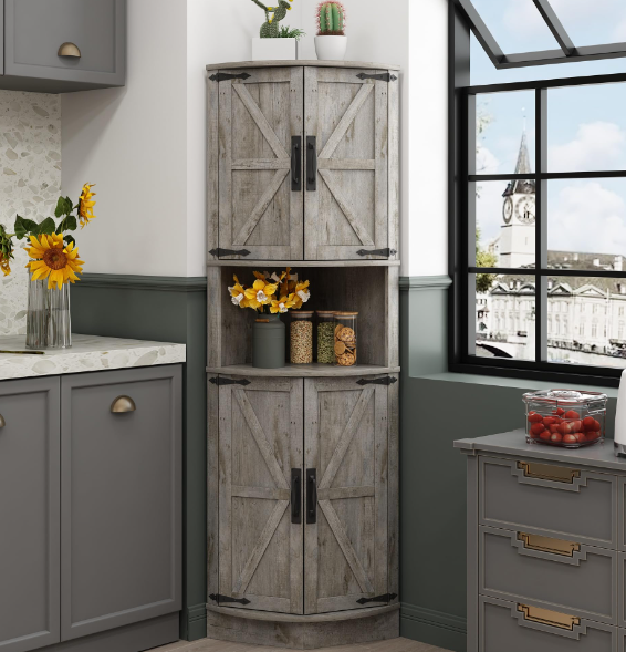 Farmhouse kitchen open shelving for corner spaces