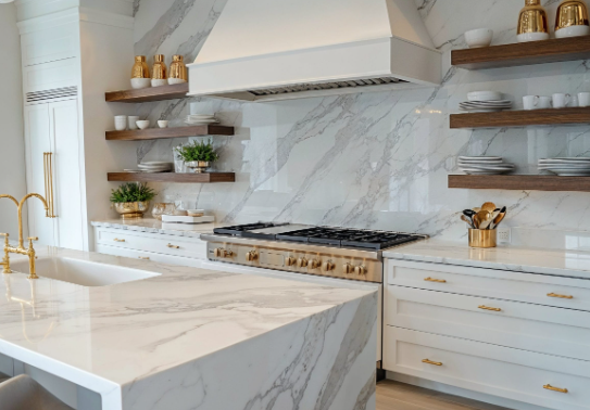 Farmhouse kitchen open shelving with modern appliances integration