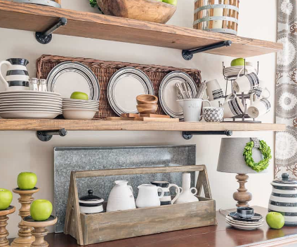 Farmhouse kitchen open shelving with vintage accessories