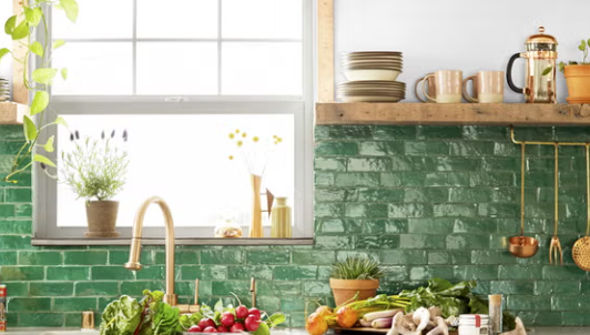 Farmhouse kitchen open shelving with copper accents