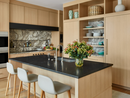 Farmhouse kitchen open shelving for clutter-free countertops