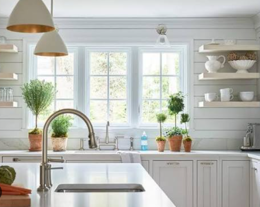 Farmhouse kitchen open shelving with shiplap walls