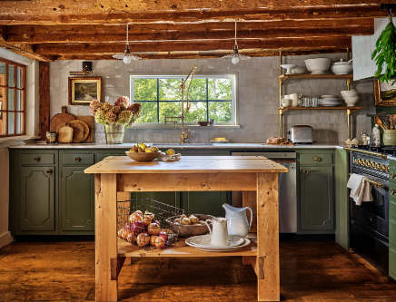 Farmhouse kitchen open shelving with greenery decor