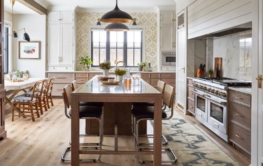 Farmhouse kitchen open shelving with farmhouse table styling