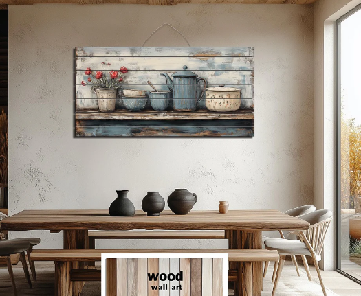Farmhouse kitchen open shelving with farmhouse wall art