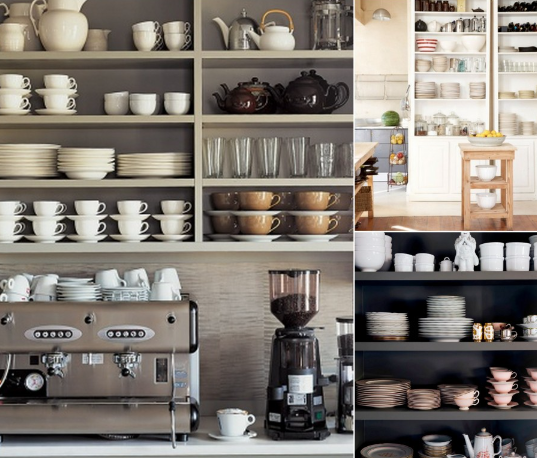 Open shelving in farmhouse kitchen for plates and bowls