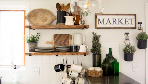 Farmhouse kitchen open shelving with seasonal decor ideas