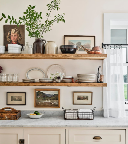 Wooden open shelving in farmhouse kitchen design