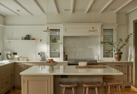 Open shelving in farmhouse kitchen with neutral tones