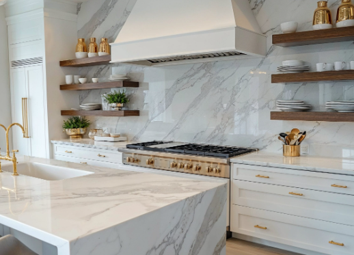 Farmhouse kitchen open shelving with industrial touch