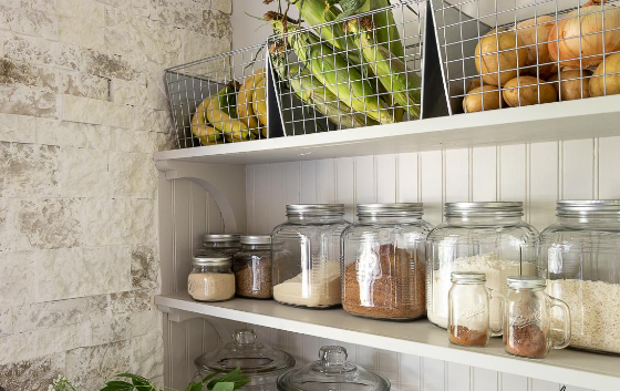 Open shelving for farmhouse kitchen pantry organization
