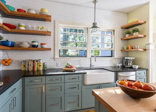 Farmhouse kitchen open shelving with farmhouse sink styling