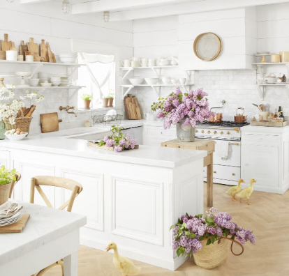 Farmhouse kitchen open shelving with practical storage ideas