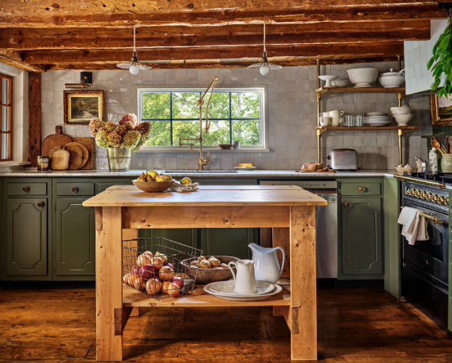 Farmhouse kitchen open shelving with simple organization hacks