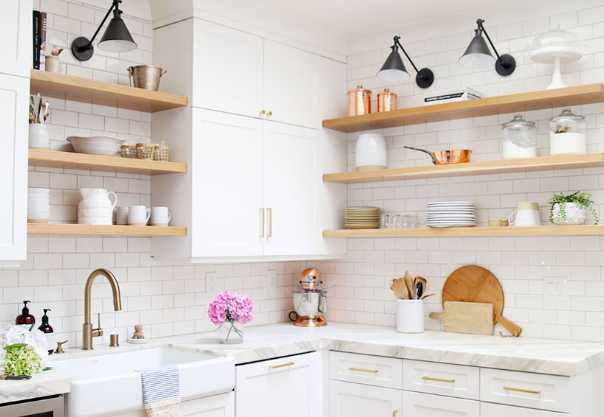 Farmhouse kitchen open shelving with farmhouse color accents