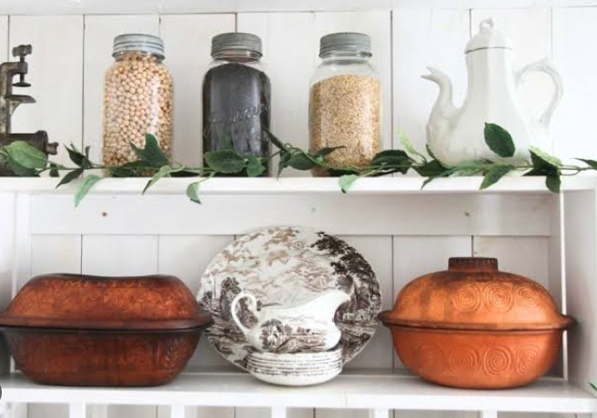 Farmhouse kitchen open shelving with farmhouse-inspired decor
