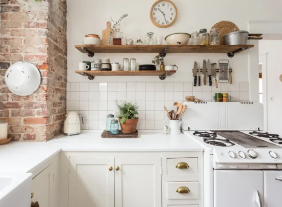 Farmhouse kitchen open shelving with smart storage layout