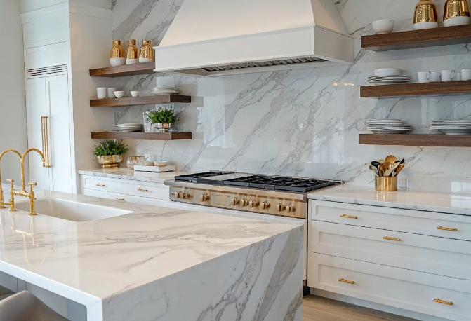 Farmhouse kitchen open shelving for stylish storage display