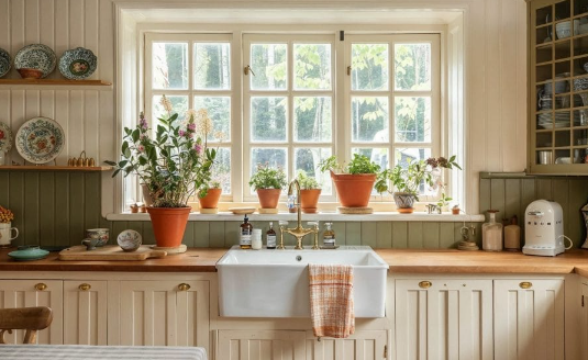 Farmhouse kitchen open shelving with modern rustic blend