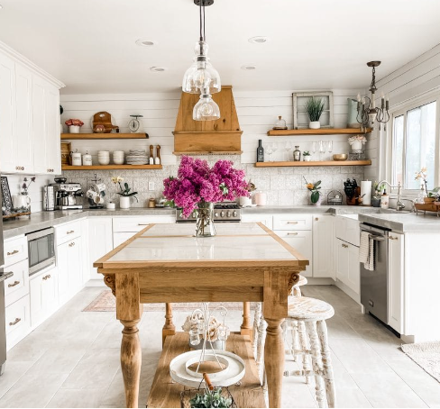 Farmhouse kitchen open shelving with cozy rustic feel
