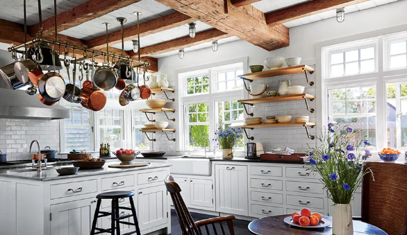 Farmhouse kitchen open shelving with decorative kitchen display