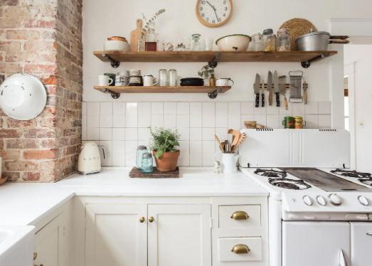 Farmhouse kitchen open shelving for organized kitchen space