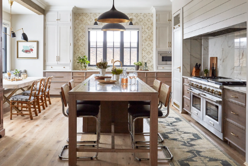 Farmhouse kitchen open shelving with layered lighting ideas